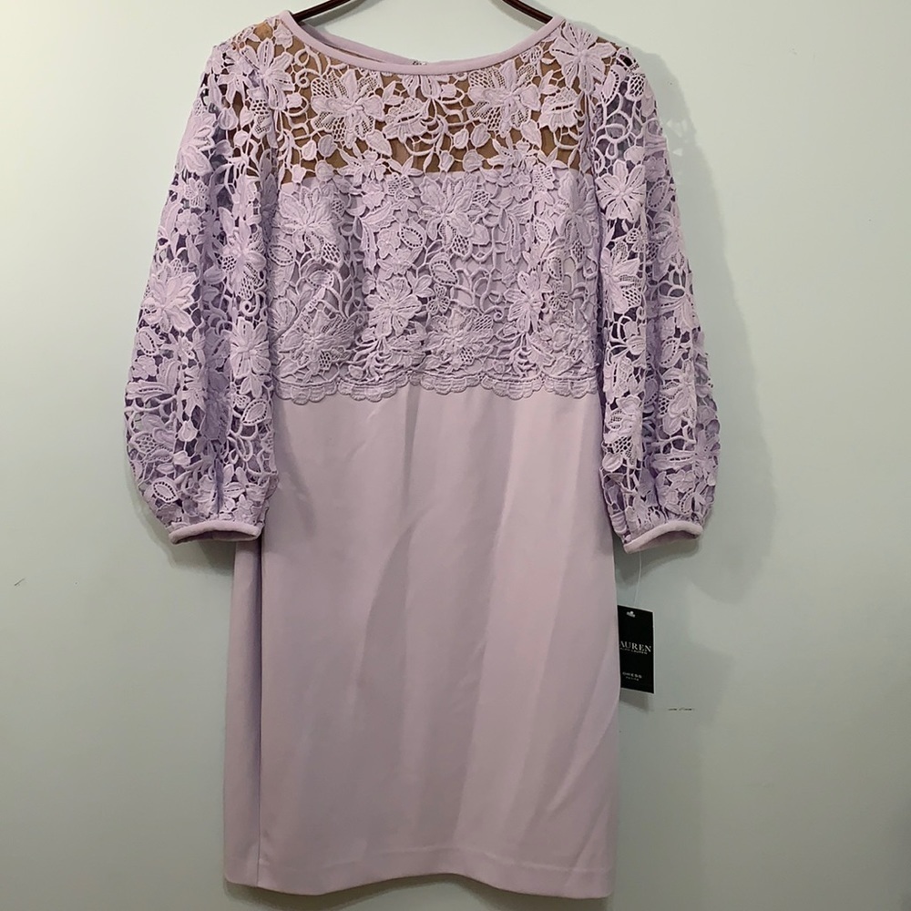 Lauren Ralph Lauren NWT Fresh Orchid & Wheat LaceBalloon-Sleeve Sheath Dress 8P - Picture 3 of 16